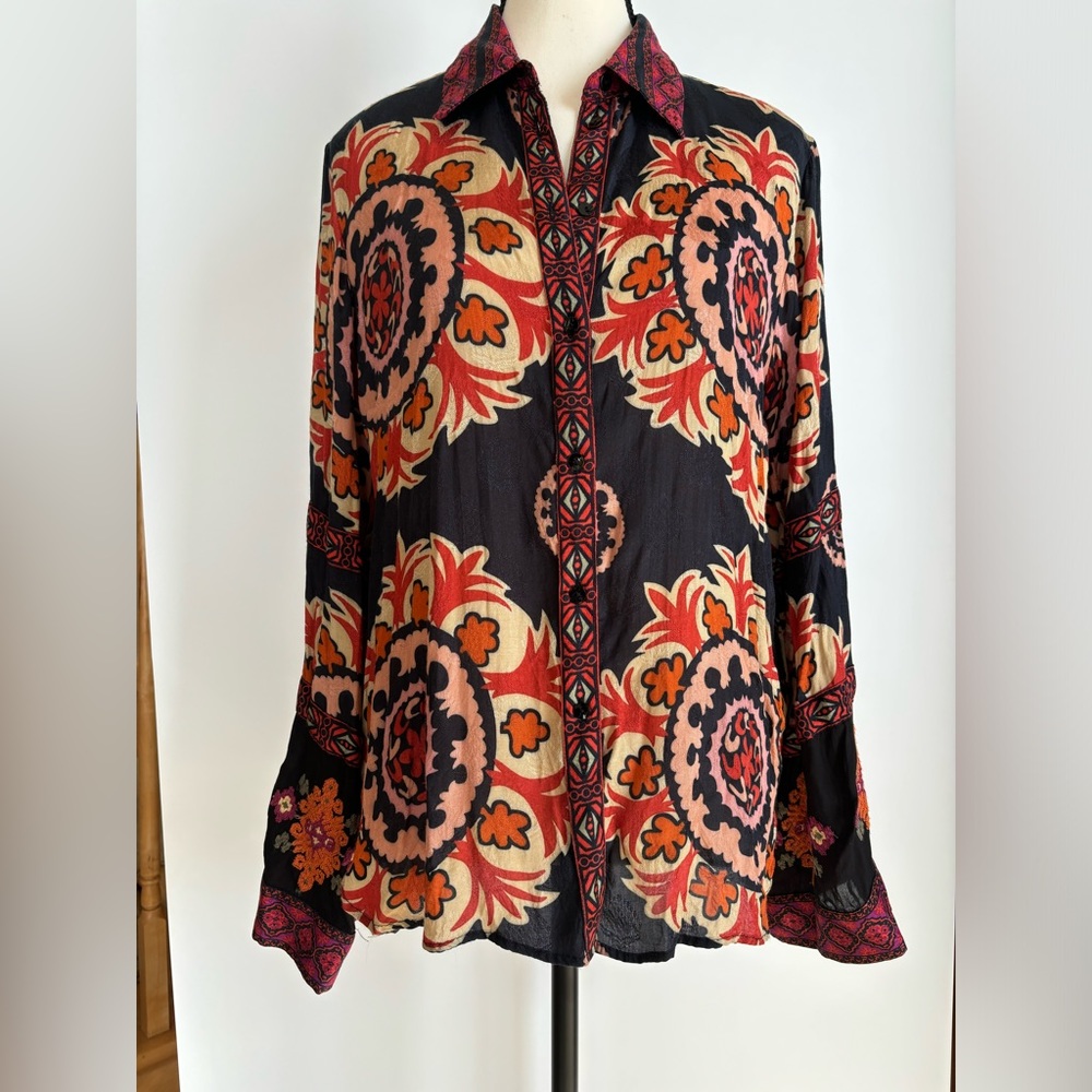 Zara Woman Mix Media Embroidered Sleeve Boho Medallion Print Button Up Blouse‎